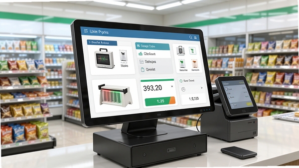 商业收银系统电脑版界面展示,收银台场景,商品扫描、订单结算、库存管理功能模块清晰可见,背景为现代便利店,色彩明亮专业,高清渲染图