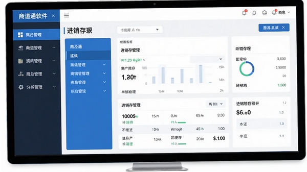 商道通软件主界面展示图,采用现代扁平化设计风格,左侧功能导航栏清晰,中央显示进销存管理面板,色彩以蓝色和白色为主,整体界面简洁明亮,体现专业商业管理软件气质。