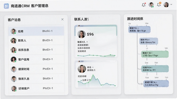 商道通CRM客户管理页面,展示客户列表、联系人信息卡片和跟进时间线,界面采用卡片式布局,色彩柔和,信息层级分明。