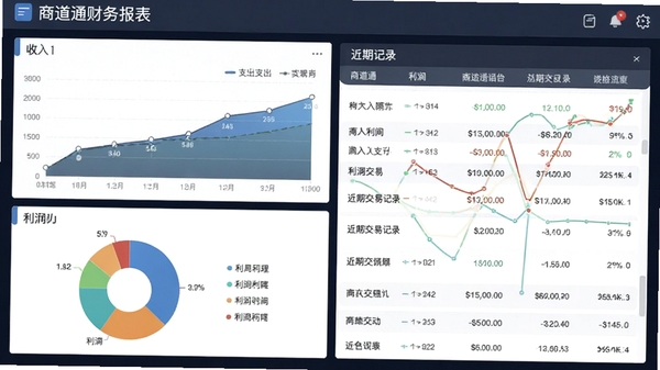 商道通财务报表界面截图,显示收入支出趋势图、利润饼图,以及近期交易记录列表,设计风格商务大气,数据可视化元素丰富。