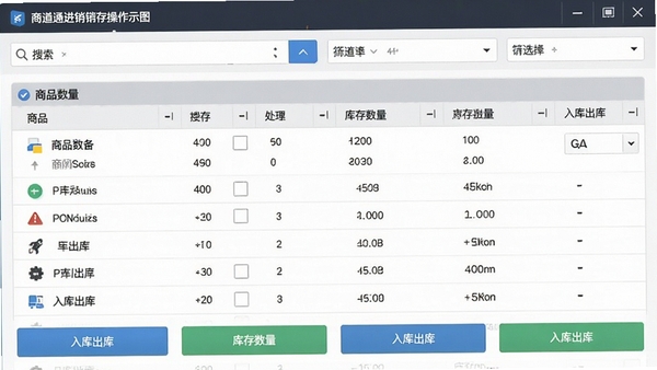 商道通进销存操作界面示意图,展示商品列表、库存数量、入库出库按钮,界面采用数据表格形式,顶部有搜索和筛选功能,整体风格专业清晰。