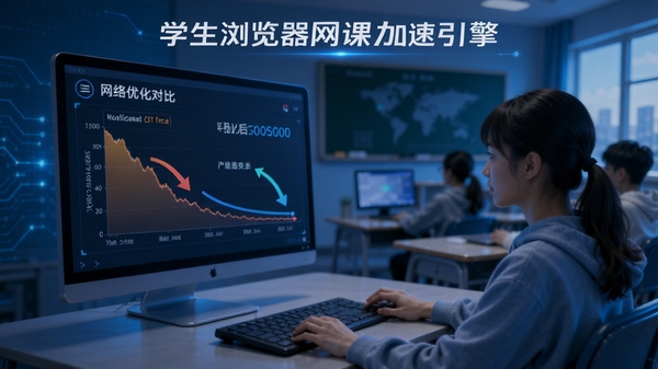 学生浏览器网课加速引擎示意图,显示网络优化前后的延迟对比,背景为在线课堂场景,科技蓝为主色调。