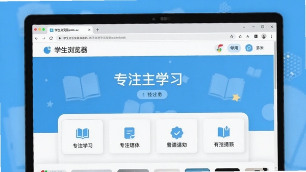 学生浏览器整体界面截图,展示简洁的学习风格和功能布局,背景为清新的蓝色调,突出“专注学习”的核心定位。