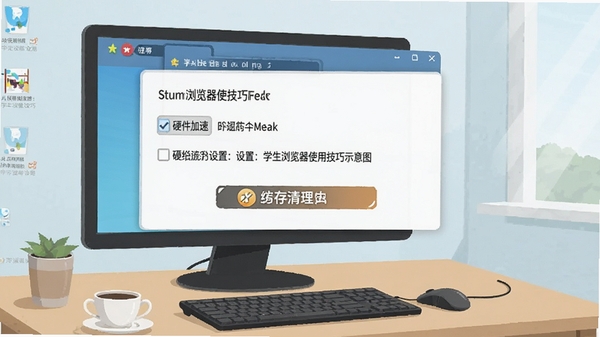 学生浏览器使用技巧示意图,展示设置界面中的硬件加速选项和缓存清理按钮,背景为电脑桌面,风格简洁明了。