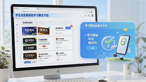 学生浏览器智能学习模式开启后的界面,显示被屏蔽的网站列表和学习网站加速访问的示意图,整体风格明亮清晰。