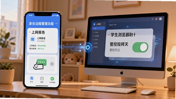 学生浏览器家长远程管理功能示意图,手机端与电脑端联动,展示上网报告和管控开关,画面温馨且科技感十足。