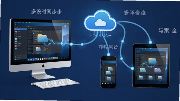 同步盘多设备同步示意图,展示电脑、手机、平板之间文件实时同步的流畅线条和云图标,强调跨平台一致性