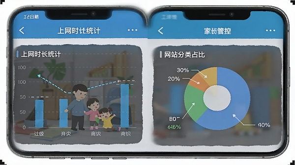 手机端家长管控界面,显示上网时长统计和网站分类占比饼图,界面简洁,数据可视化