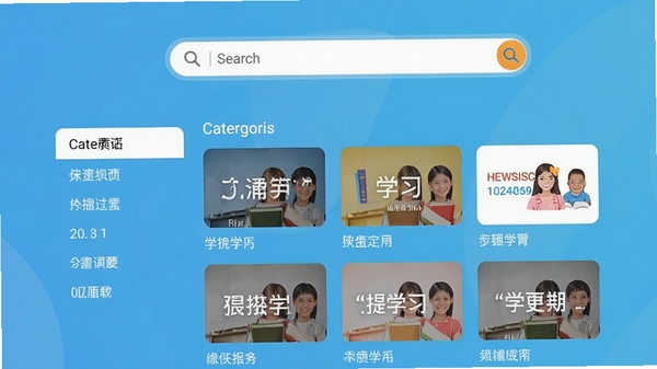学生浏览器主界面截图,显示简洁的搜索框和分类学习网站导航,背景为清新的蓝色调,风格现代明快