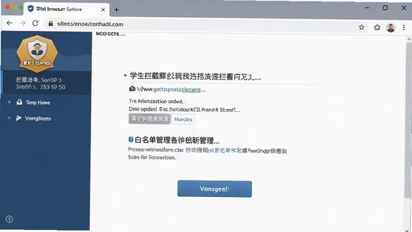 学生浏览器设置界面,展示网址拦截和白名单管理功能,界面带有家长控制标识,风格专业清晰