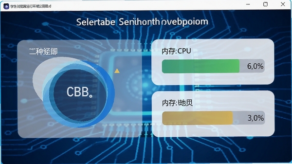 学生浏览器运行环境检测界面,显示CPU、内存占用率,背景为科技感蓝色,界面友好