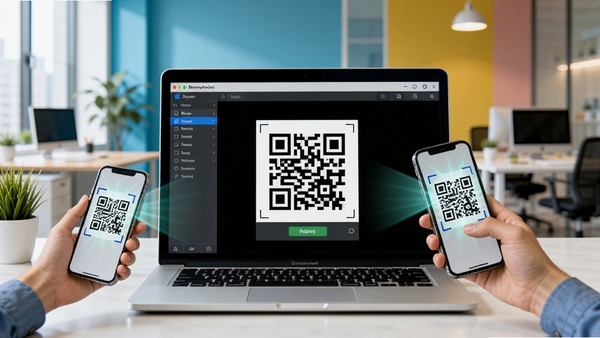 MBarcode��ά�����ɽ�������ʹ�ó���ʾ��ͼ��һ̨�ʼǱ�������������������Ļ����ʾ��ά�����ɽ��棬��Χ���ֻ�ɨ���ά���ʾ�⶯��������Ϊ�ִ��칫�ң�ɫ��������ͻ��������Ч