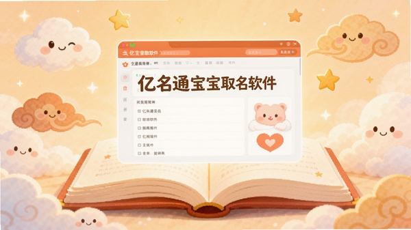 生成一张温馨的插画风格图片,画面中有一本翻开的书,书上浮现出“亿名通宝宝取名软件”的界面,周围有可爱的云朵、星星和代表吉祥的祥云图案,整体色调柔和温暖,充满对新生命的祝福和期待。