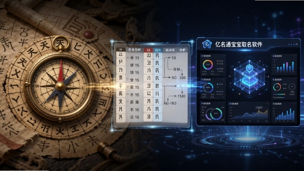 生成一张科技感与传统文化结合的画面,左侧是古朴的罗盘和天干地支符号,右侧是现代化的“亿名通宝宝取名软件”数据运算界面,中间用发光的线条连接,显示出生辰八字分析过程。