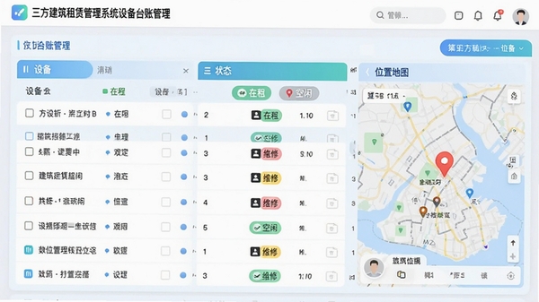 �����������޹���ϵͳ�豸̨�˹������棬չʾ�豸�б���״̬��ǩ�����⡢���С�ά�ޣ���λ�õ�ͼ��ǣ�������ÿ�Ƭʽ���֣�ɫ���������죬ͻ�����ֻ��ʲ��������������Ч