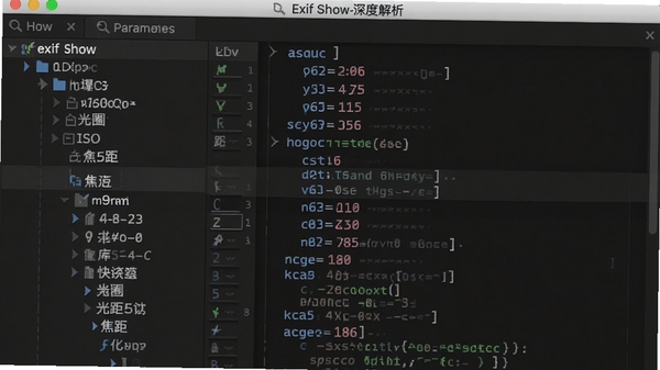 Exif Show������Ƚ������棬չʾ��״�����ṹ���������š���Ȧ��ISO���������ϸ�б�������Ϊ��ɫ������ͻ�����ݲ�θС�