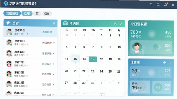 龙脑通门诊管理软件主界面截图,展示患者列表、预约日历和今日营收看板,风格清新专业