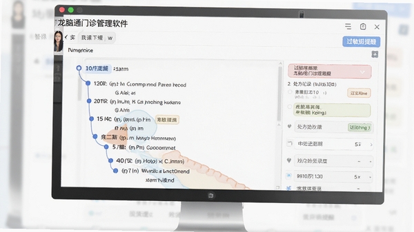 龙脑通门诊管理软件患者档案详情页,展示病历时间线、处方记录和过敏提醒标签