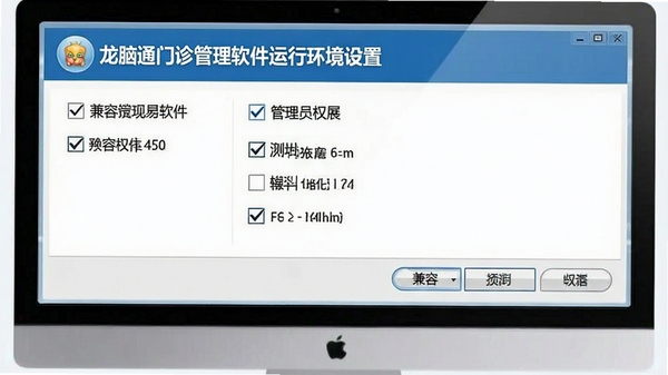 龙脑通门诊管理软件运行环境设置截图,显示兼容性和管理员权限勾选界面