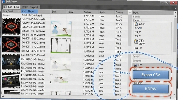 Exif Show���������������ܽ�ͼ��������ʾ����ͼƬ��Exif��Ϣ�б�����ͻ������CSV�ļ��İ�ť������Ϊ���ݱ�����ʽ��