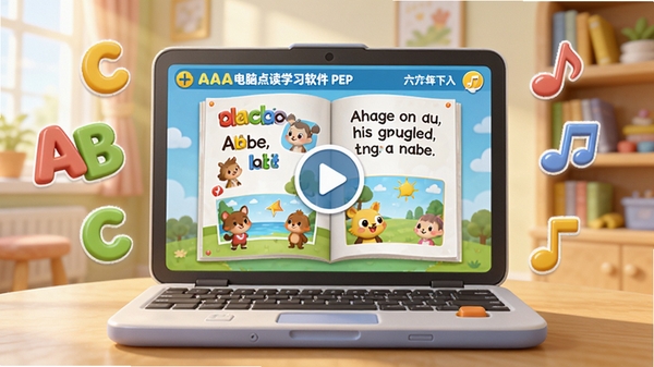 ����һ����ܰ��3D��ͨ��������������ͼ������������һ̨������AAA���Ե��ѧϰ����PEP���꼶�²�ıʼǱ����ԣ���Ļ����ʾɫ�����޵�Ӣ��α�ҳ��Ͳ��Ű�ť����ΧƯ������ĸABC������ͼ�꣬�������������鷿��ǿ�������������Ժ�ѧϰ��Χ