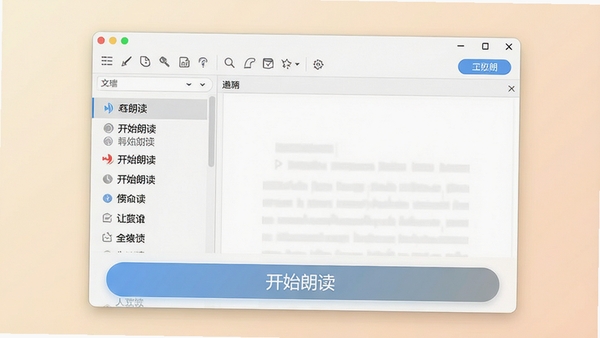 Easy全文朗读软件主界面截图,展示干净整洁的工具栏、文档列表区域以及醒目的“开始朗读”按钮,背景为浅色渐变,风格现代简约