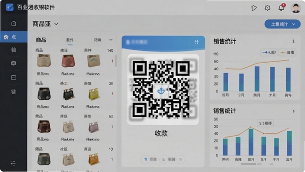 百业通收银软件主界面截图,展示商品列表、收款二维码和销售统计图表,界面清爽专业
