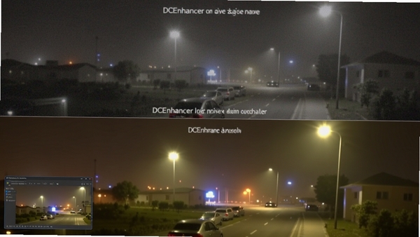 һ�ŶԱ�ͼչʾDCEnhancer����ȥ��Ч�����ϰ벿��Ϊ������㡢�����ɵ�ҹ����Ƭ���°벿��Ϊ����DCEnhancer��������ɾ�ͨ͸���ƹ�����������ͬһ������Ƭ�����������͸�������ڻ������