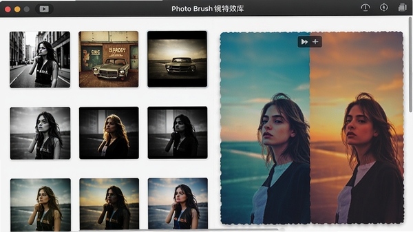 Photo Brush�˾���Ч����棬չʾ���ַ������ͼ�������ڰס����š���Ӱ�У�һ��ʾ����ƬӦ�ò�ͬ�˾��ĶԱ�Ч����ɫ�ʷḻ