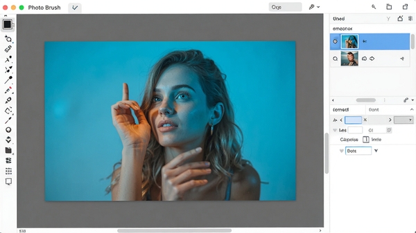 Photo Brush������չʾ����๤�������Ҳ�ͼ����������壬�м�Ϊ����ʾ��ͼƬ���������ִ���࣬ɫ��������ͻ��רҵ�༭��Χ