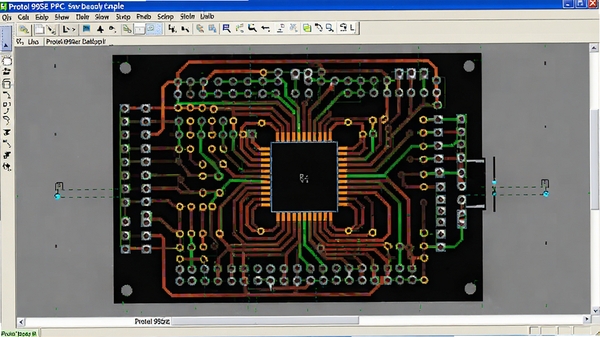 Protel 99SE PCB��ƽ��棬չʾһ�����·��Ĳ��ֺͲ���Ч������ͬ��ɫ�����������ɼ�����򡢺��̡����׵�Ԫ������