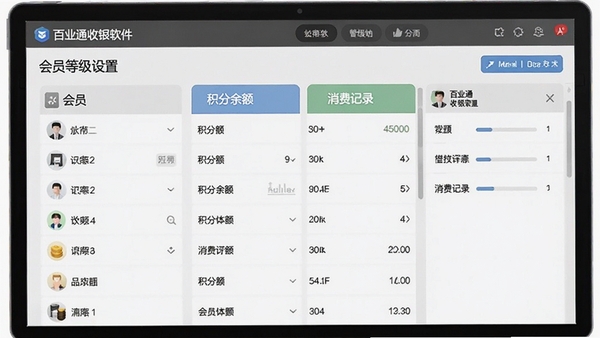百业通收银软件会员管理界面,展示会员列表、积分余额、消费记录,支持会员等级设置,界面友好功能全面