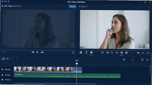 AVS Video ReMaker�����ͼ��չʾ��Ƶ����ʱ���ߡ�Ԥ�����ں͹��ܰ�ť��������ִ�����ɫ��Ϊ�����Ͱ�ɫ