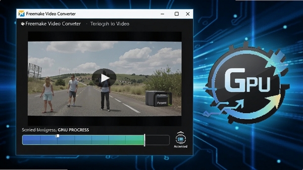 һ�Ŷ�̬ʾ��ͼ��չʾFreemake Video Converter����ת����Ƶ��ʽʱ�ļ��ٽ�������GPU����ͼ�꣬����Ϊ�Ƽ���ʮ�����ɫ��Ч��ͻ�����Ч���ܡ�