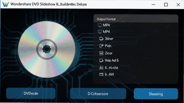 Wondershare DVD Slideshow Builder Deluxe ��¼���ý��棬��ʾDVD����ͼ��������ʽѡ�����MP4��AVI�ȣ�����Ϊ��ɫ�Ƽ��У���ť��Ŀ
