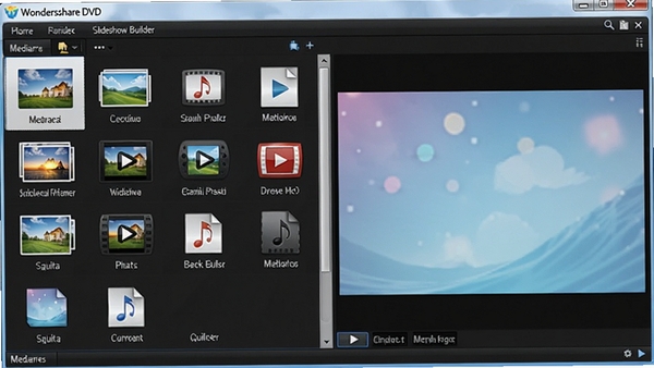 Wondershare DVD Slideshow Builder Deluxe ý�����棬չʾ����ͼƬ����Ƶ����Ƶ�ļ�ͼ�꣬����������زĿ��У��Ҳ�ΪԤ�����ڣ�ɫ������