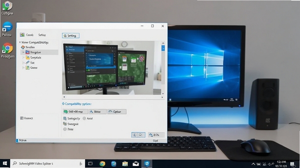 SolveigMM Video Splitter在Windows 11上运行截图,展示设置界面和兼容性选项,背景为现代桌面,强调问题解决后的流畅运行
