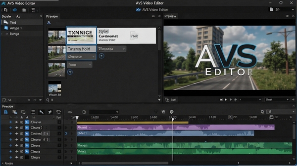 AVS Video Editor��Ļ�༭���棬չʾ�ı���ʽѡ��ʱ�������ú�Ԥ��Ч��