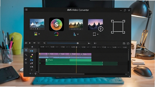 AVS Video Converter��Ƶ�༭���棬��ʾʱ���ᡢ�˾�Ч��ͼ�ꡢ�ü��򣬱���Ϊ���⹤��̨��ɫ��������ͻ�������๦�ܼ����ص�