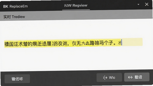 BK ReplaceEm的实时预览界面,匹配文本以黄色高亮显示,底部有撤销重做按钮,操作按钮清晰可见,整体风格清爽