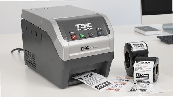 һ��TSC TTP-244 Plus�����ӡ���ĸ����Ʒͼ����ӡ��������ɫ���ɫ��䣬�Ա߰ڷ��Ŵ�ӡ���ĸ��ֱ�ǩ������Ϊ���İ칫���棬����������ͣ�ͻ����ӡ��רҵ�ʸС�