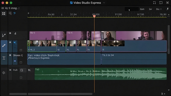 Video Studio Express���ʱ���߱༭���棬չʾ�������ϵĲ�ɫƬ�Σ�������Ƶ�졢���ֹ����Ƶ�죬ʱ���߱�������ɼ�