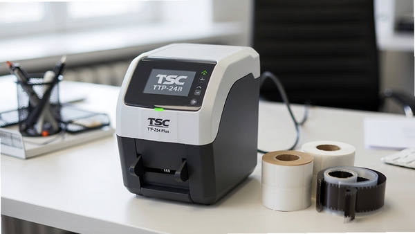 һ��TSC TTP-244 Plus�����ӡ������������칫���ϣ��Ա߰ڷ��ż�����ǩֽ��̼������ӡ�����ڴ���״̬��ָʾ�����𣬻�������������ͻ����ӡ��С�ɻ������ִ����
