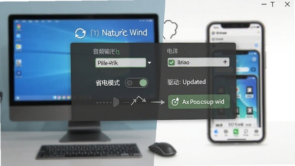 Natural Wind���л������ý��棬��ʾ��Ƶ���ѡ��ʡ��ģʽ���ء�����������ʾ������Ϊ�������ֻ��豸�Ա�ͼ��