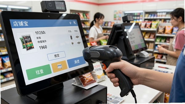 店铺宝收银管理软件快速结算操作演示,收银员手持扫码枪扫描商品条码,屏幕同步显示商品信息与支付选项,背景为繁忙的便利店收银台