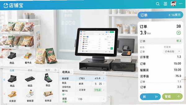 店铺宝店面收银管理软件主界面截图,展示清晰的收银台布局、商品列表和订单信息,风格现代简洁,色彩明亮,突出高效智能的收银体验