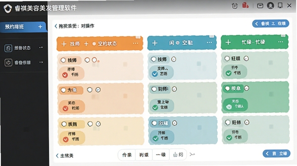 睿祺美容美发管理软件预约排班界面,拖拽式操作,显示技师空闲忙碌状态,色彩区分清晰