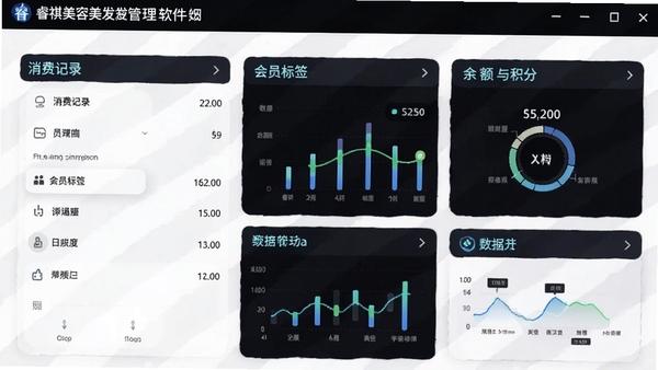 睿祺美容美发管理软件会员档案详情页,显示消费记录、会员标签、余额与积分,强调数据可视化
