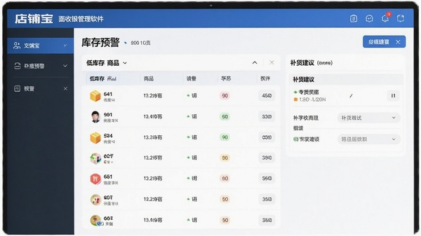 店铺宝店面收银管理软件库存预警界面,显示低库存商品列表和补货建议