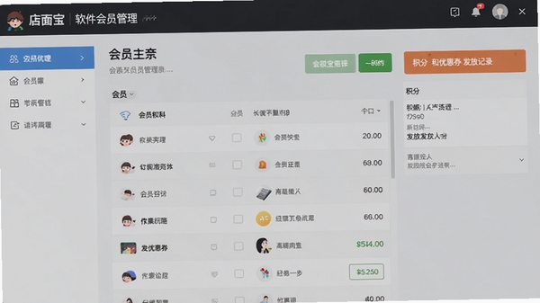 店铺宝软件会员管理页面,展示会员列表、积分和优惠券发放记录